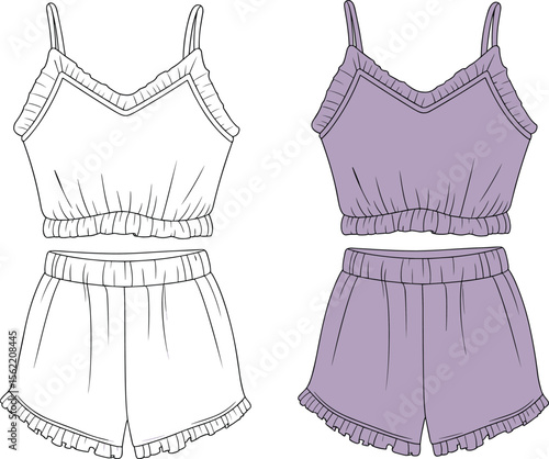 Women’s Ruffle Loungewear Set Flat Fashion Technical Drawing – Front Colored and Outline Vector Template.