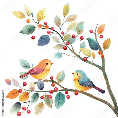 Watercolor Birds Perched on Autumnal Branch with Berries (1)