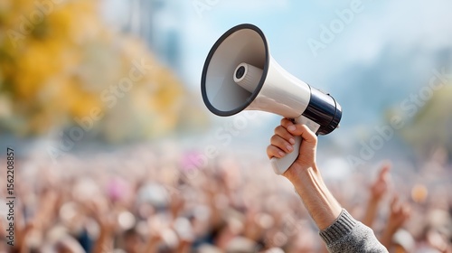 A hand holds a megaphone high above a blurred crowd.  Making an announcement.