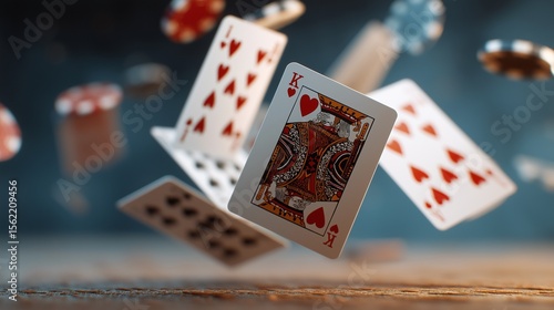 King of Hearts card floats amidst a flurry of playing cards and chips, creating a dynamic and exciting scene.