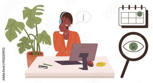 Customer service agent answering questions with headset, surrounded by calendar, magnifying glass, glasses, plant. Ideal for communication, business, support, consultation scheduling information
