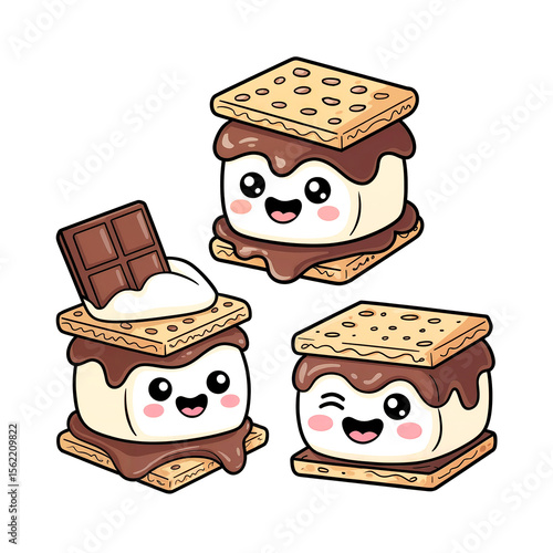 Cute kawaii smores characters with happy expressions and chocolate