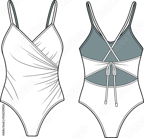 One-Piece Swimsuit Flat Fashion Technical Drawing – Front and Back Detailed Vector Template.