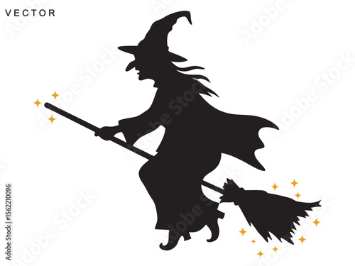 Silhouette of a witch flying on a broomstick vector illustration on a white background