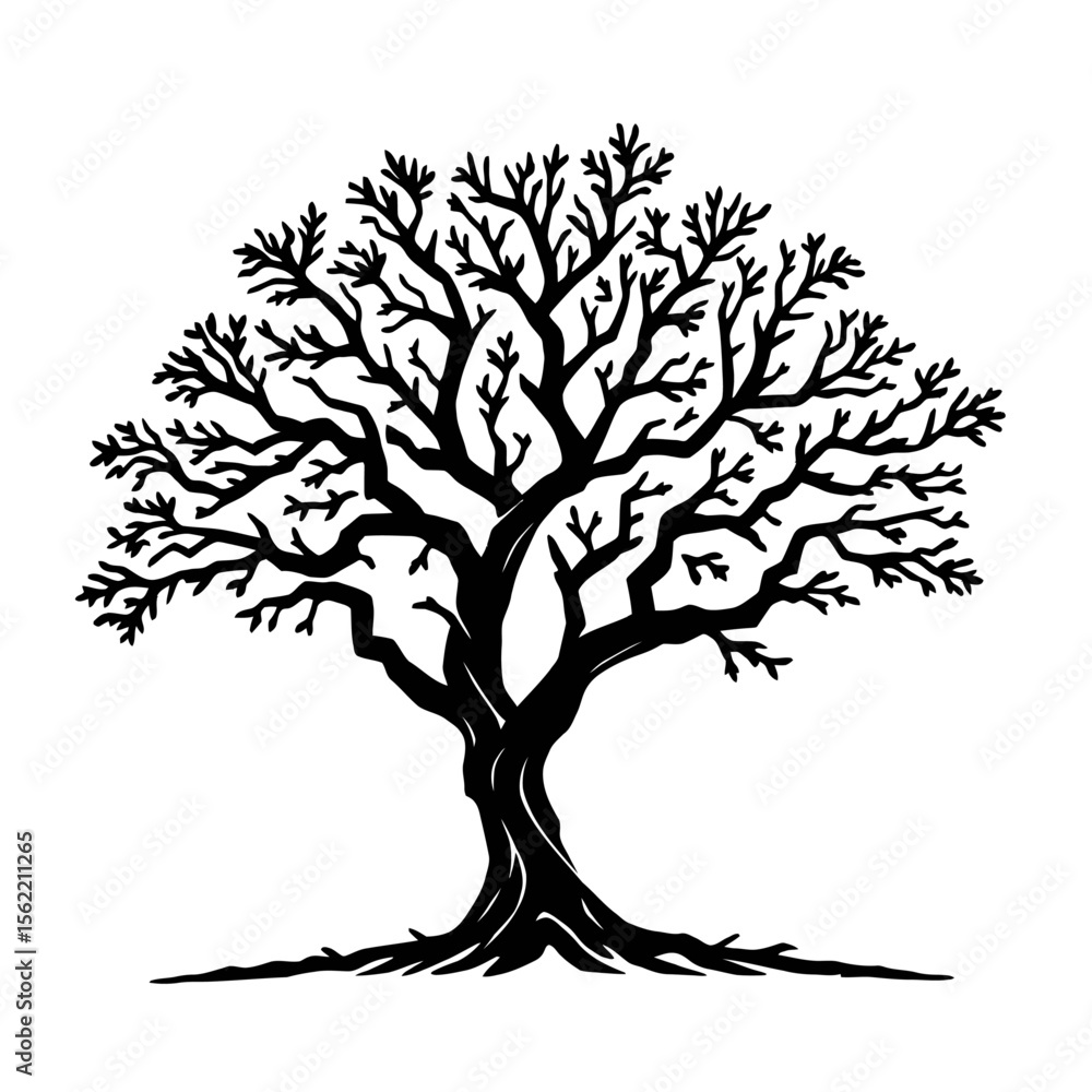 Obraz premium Vector illustration features a striking black oak tree silhouette 