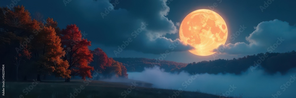 Fototapeta premium Enormous moon, glowing autumn trees, mystical fog , night, leaves