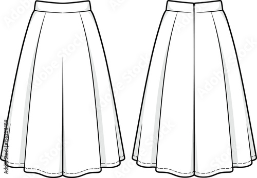 Flared Midi Skirt Flat Fashion Technical Drawing – Front and Back Vector Template