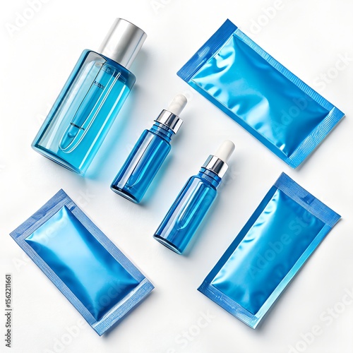 Blue and white cosmetic bottles set with spray and liquid containers isolated on white background