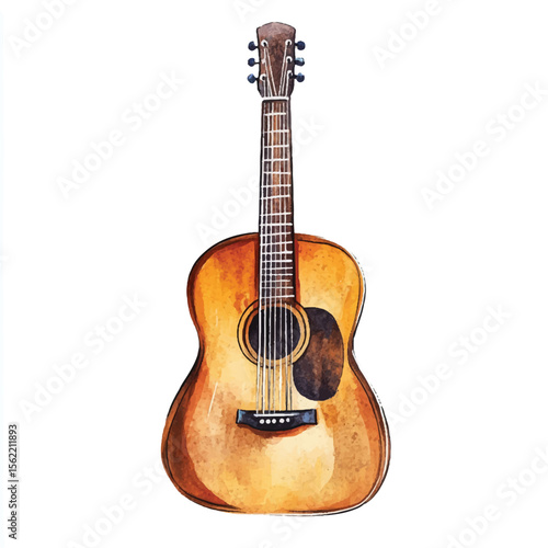 Watercolor Acoustic Guitar Depicted with Warm Tones and Detailed Craftsmanship