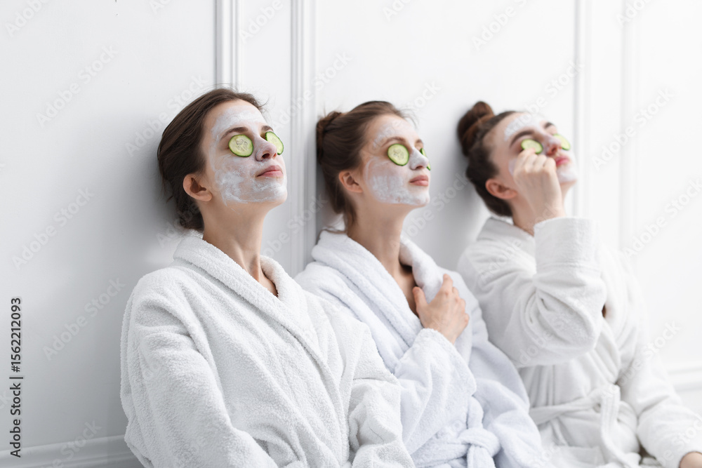 Obraz premium Happy women with facial masks and cucumber slices in bathrobes after spa procedures near white wall