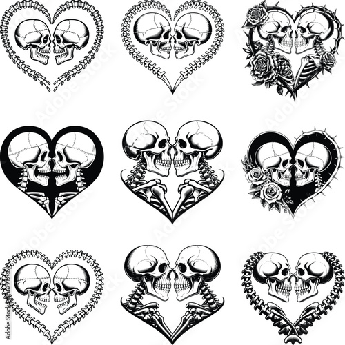 Skeleton Heart SVG Bundle, Skull Kissing Clipart, Skeletons in Love