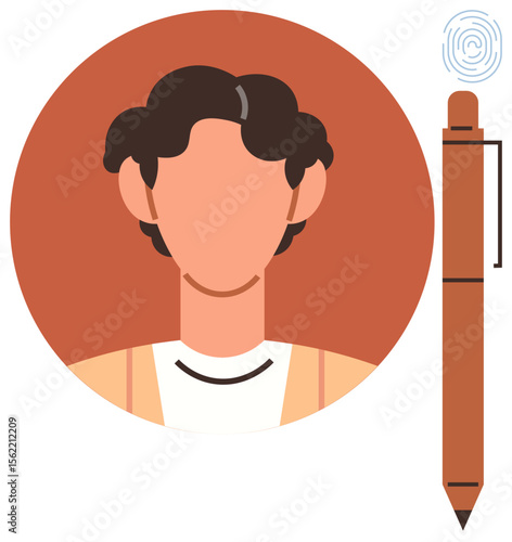 Minimalistic blank avatar inside circular frame next to stylus pen with fingerprint scan. Ideal for identity security, technology, biometrics, authentication, personalization, privacy, simple landing