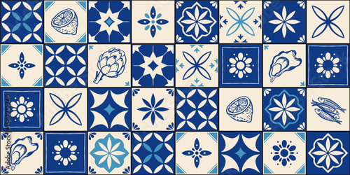 Mediterranean ceramic tiles seamless pattern. Azulejo arabesque. Portuguese, Spanish, Turkish, Indian, Islamic, Arabic decor. Geometrical and floral traditional national ornament. Vector illustration.