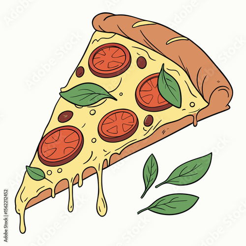 Delicious pizza slice vector illustration with vibrant colors and classic fonts
