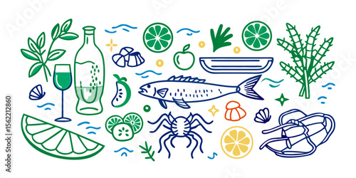 Whimsical line art illustration of seafood and ingredients with a glass of wine