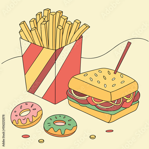 Vibrant illustration of popular fast food items and drinks in a colorful design
