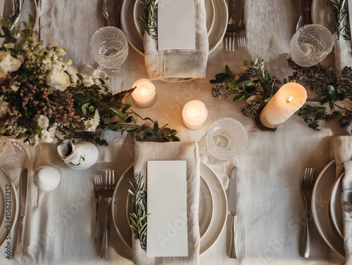 Rustic wedding table with olive branch napkin and blank menu card – top view mockup