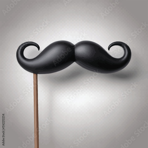 A classic black curled handlebar mustache on a wooden stick prop