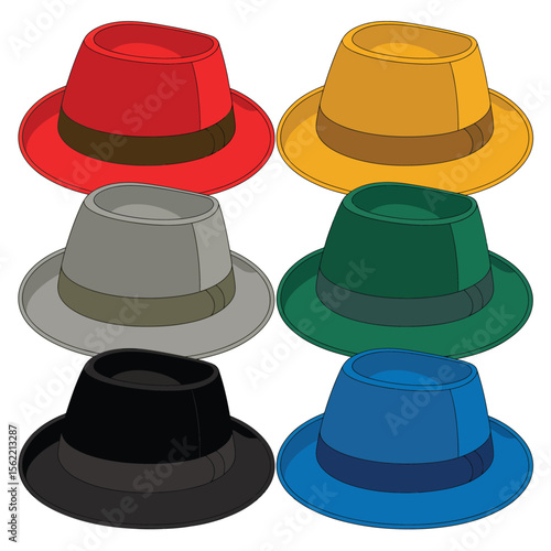 Collection of six colorful fedora hats arranged in a grid pattern