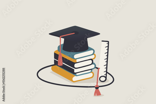 Graduation cap with diploma and books representing academic success and knowledge