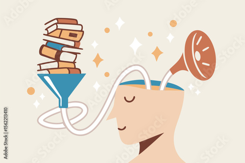 Read book fast to learning new lesson, education or studying, inspiration or easy learning, literature or intelligence information, schooling concept, book stack in funnel easy to flow in human head.