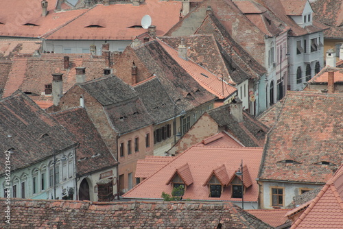 Red tile rooftops and medieval houses, Sibiu, Romania