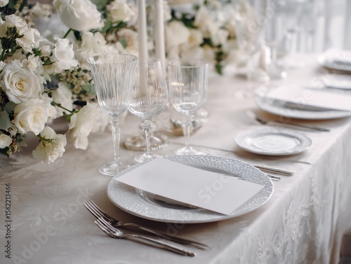 Elegant white wedding table setting with floral centerpiece and blank menu card mockup