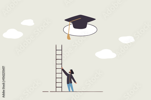 education cost expensive school or university cost education gap or scholarship opportunity concept poor man with too short ladder to climb to reach high graduated mortarboard on the cloud