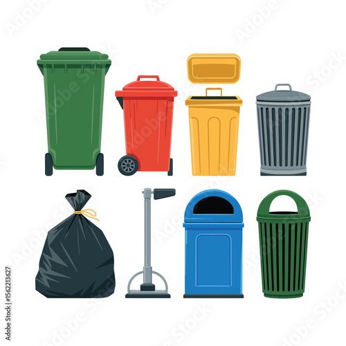 Collection of colorful and modern trash cans and garbage bags for waste management