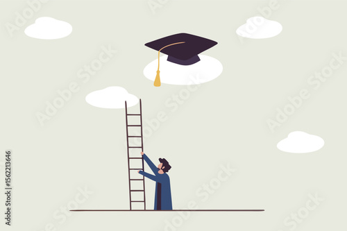 education cost expensive school or university cost education gap or scholarship opportunity concept poor man with too short ladder to climb to reach high graduated mortarboard on the cloud