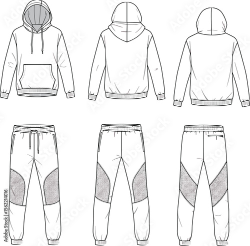 Men's Athleisure Set: Hoodie and Joggers Technical Flat Sketch with Textured Panel Detail, Activewear Fashion Design Template