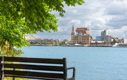 the historical building and modern building at Antwerp Scheldt river bank, Belgium