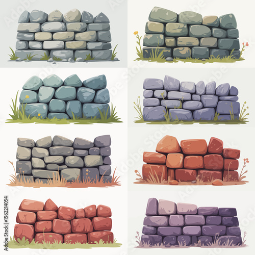 Collection of diverse dry stone walls with natural textures and colors