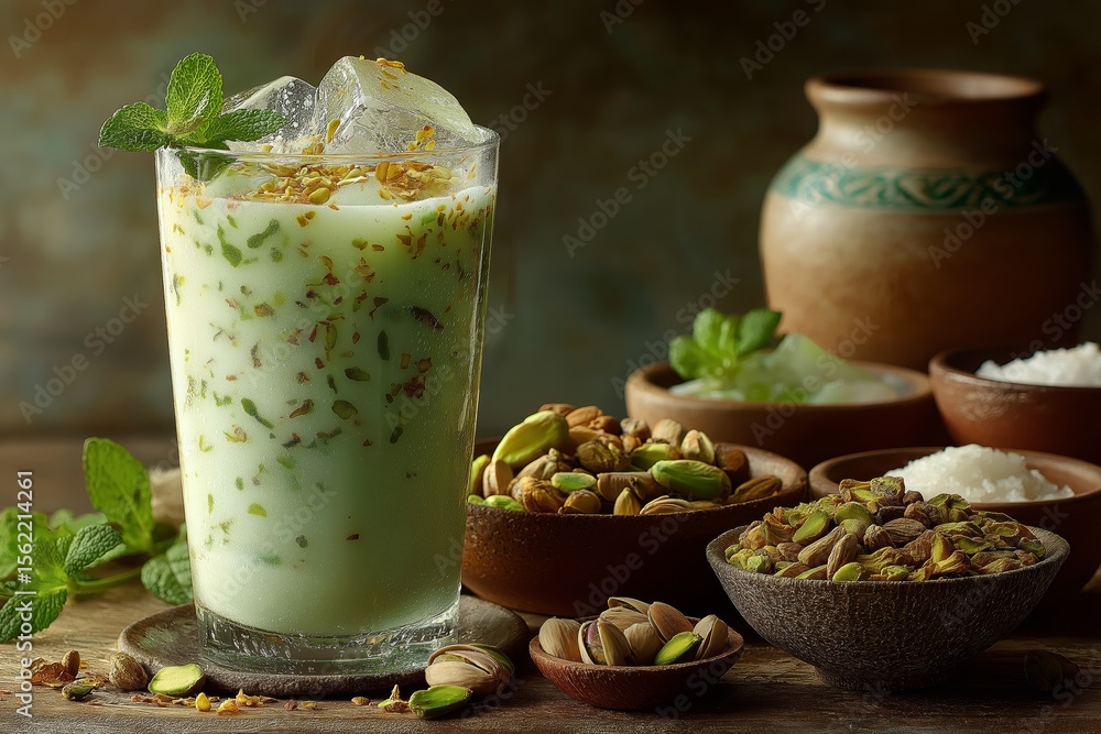 Tall glass of lassi, traditional yogurt drink, placed on wooden table. Concept of lassi shows cozy atmosphere with rustic background and warm lighting. Tall glass of lassi, traditional yogurt drink, placed on wooden table. Concept of lassi shows cozy atmosphere with rustic background and warm lighting.