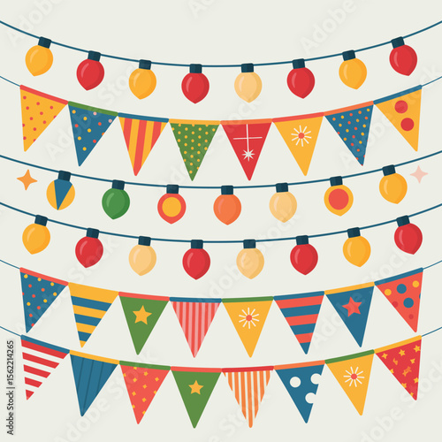 Colorful festive bunting flags and string lights decoration for celebration