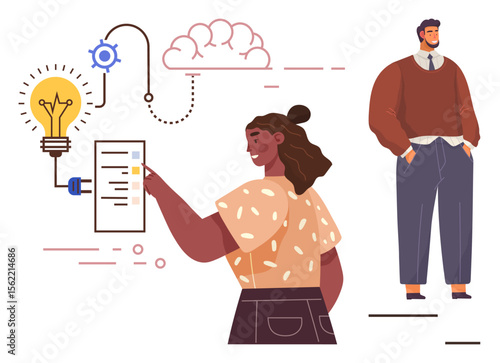 Woman checks a task list connected with lightbulb, gear, and cloud representing innovation and planning. Man stands nearby symbolizing teamwork or leadership. Ideal for planning, teamwork