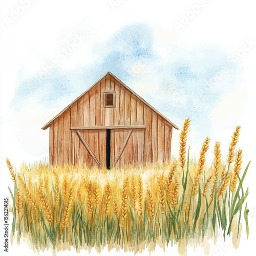 Watercolor Barn Amidst Golden Wheat Field Under a Cloudy Sky