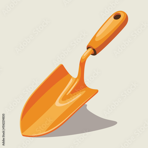 Bright orange garden trowel with a curved handle casting a shadow