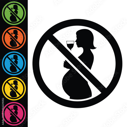 Pregnant woman drinking alcohol forbidden sign silhouette with colorful variations