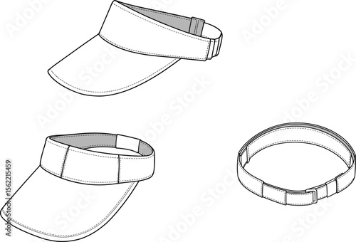 Visor Hat Technical Fashion Flat Sketch: Sun Protection Headwear Design Template, Sports and Outdoor Apparel Accessory Illustration