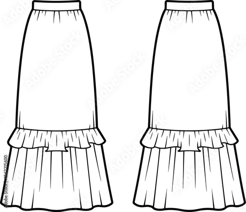 Fashion Flat Sketch of Tiered Ruffle Maxi Skirt – Front and Back Technical Drawing for Apparel Design
