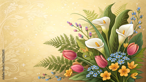 Digital illustration of a colorful floral arrangement with tulips and calla lilies. With space for text. For a backdrop or greeting card or business card.