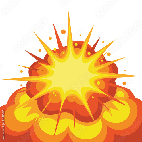 Bright yellow and orange explosion burst with sharp rays and smoke clouds
