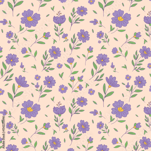 Elegant seamless summer pattern with purple flowers and leafy branches on pastel peach background for fashion fabric and interior decor.