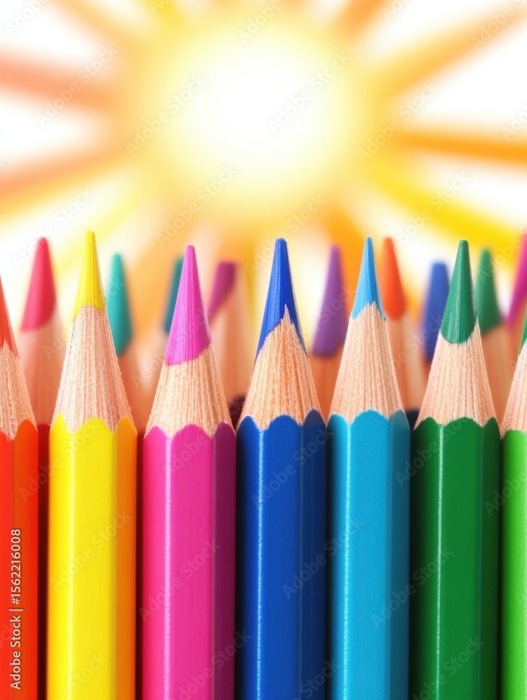 Close-up of colorful sharpened pencils standing upright with a bright sun illustration in the background. Close-up of colorful sharpened pencils standing upright with a bright sun illustration in the background.
