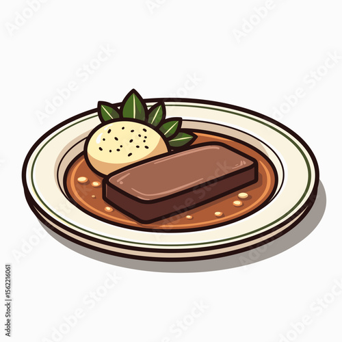 Illustration of a steak dish with mashed potatoes and gravy on a plate, food presentation