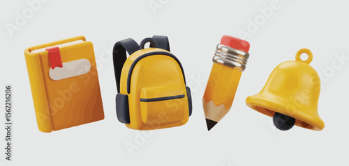 Collection of yellow 3d rendered school supplies including a book backpack pencil and bell