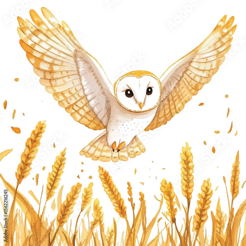 Watercolor Barn Owl Soaring Above Golden Wheat Field Wings Spread Wide