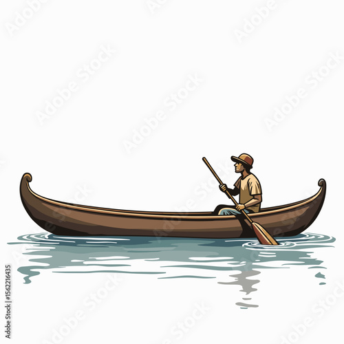 Illustration of a Man Paddling a Canoe on Water, Enjoying a Leisurely River Trip