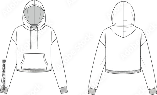 Women’s cropped hoodie vector flat sketch, fashion technical drawing, long sleeve hooded sweatshirt template, cozy streetwear apparel design illustration
